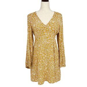 UNIQLO Womens Vneck Floral Long Sleeve Mini Dress Size M Yellow Pockets Charming